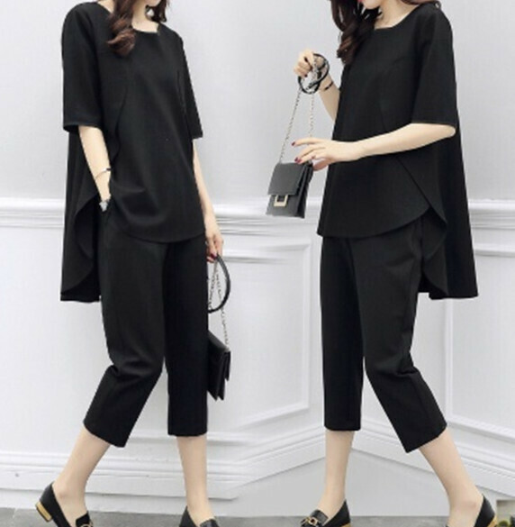 Casual cropped pants two-piece set [black] (size: S-4XL) (contact customer service to confirm the shipping size after placing an order)]