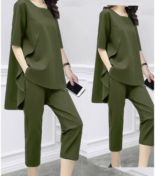 Casual cropped pants two-piece set [army green] (size: S-4XL) (contact customer service to confirm the shipping size after placing an order)]