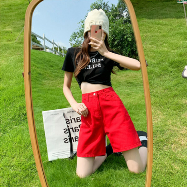 High-waisted denim wide-leg cropped pants (red) (size: XS/S/M/L/XL/2XL) (contact customer service to confirm size after placing an order)】