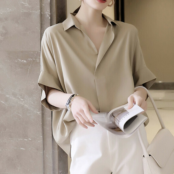 French chiffon shirt women's short sleeve summer (sand brown [size S_XL] (contact customer service to confirm the shipping size after placing an order)】