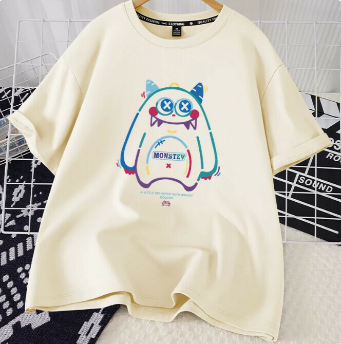Casual loose short-sleeved T-shirt (beige cute little monster S-2XL size) (contact customer service to confirm the shipping size after placing an order)】
