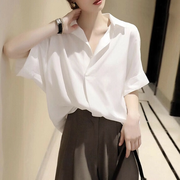 French chiffon shirt women's short sleeve summer (white [size S_XL] (contact customer service to confirm the shipping size after placing an order)】