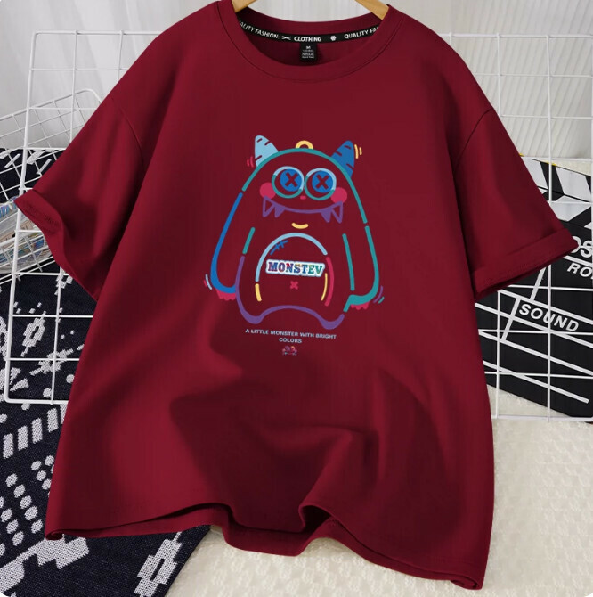 Casual loose short-sleeved T-shirt (burgundy cute little monster S-2XL size) (contact customer service to confirm the shipping size after placing an order)】