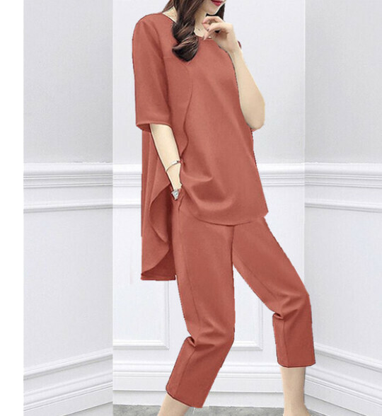 Casual cropped pants two-piece set [brick red] (size: S-4XL) (contact customer service to confirm the shipping size after placing an order)]