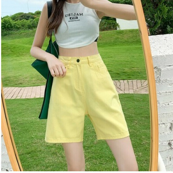 熱賣高腰牛仔闊腿五分褲（黃色）（碼數：XS/S/M/L/XL/2XL)(下單後聯絡客服確認尺碼）】
