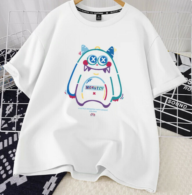 Casual loose short-sleeved T-shirt (white cute little monster S-2XL size) (contact customer service to confirm the shipping size after placing an order)】