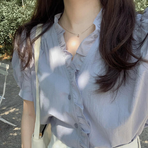 Fungus trimmed short-sleeved shirt women's summer (blue [size S_XL] (contact customer service to confirm the shipping size after placing an order)】
