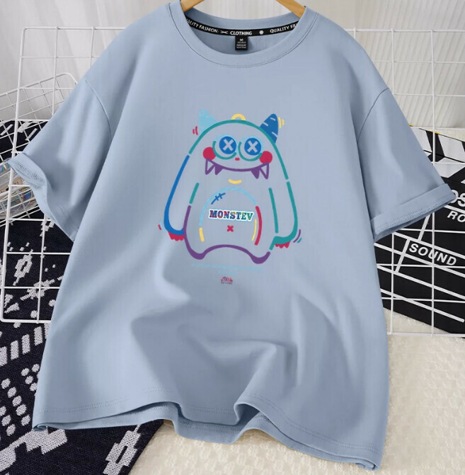 Casual loose short-sleeved T-shirt (lake blue cute little monster S-2XL size) (contact customer service to confirm the shipping size after placing an order)】