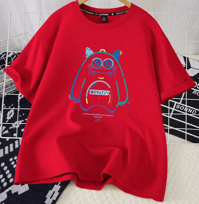 Casual loose short-sleeved T-shirt (red cute little monster S-2XL size) (contact customer service to confirm the shipping size after placing an order)】