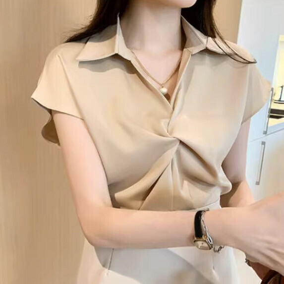 Temperament Shirt Women's Short Sleeve Summer (Apricot [S_XL size] (contact customer service to confirm the shipping size after placing an order)】