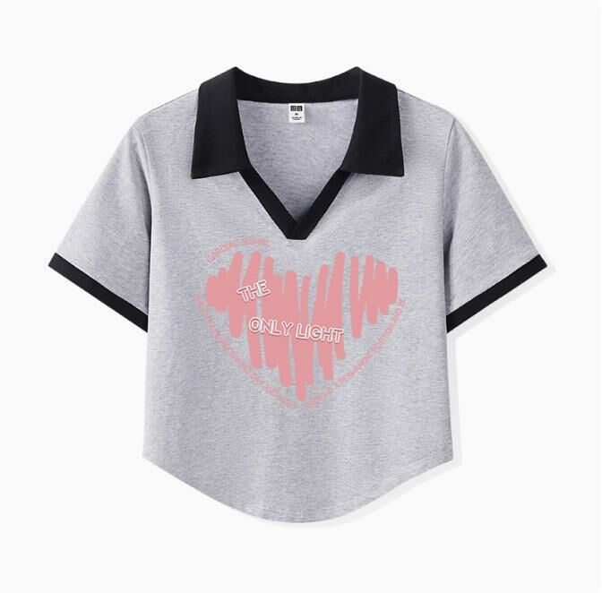 Slim and slim short T-shirt (hemp gray heartbeat graffiti S-XL size) (contact customer service to confirm the shipping size after placing an order)】