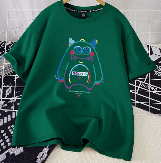 Casual loose short-sleeved T-shirt (dark green cute little monster S-2XL size) (contact customer service to confirm the shipping size after placing an order)】