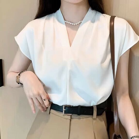 Premium V-neck short-sleeved shirt women's summer (white [size S_XL] (contact customer service to confirm the shipping size after placing an order)】