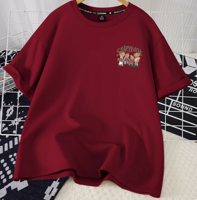 Casual loose short-sleeved T-shirt (burgundy vintage storybook S-2XL) (contact customer service to confirm the shipping size after placing an order)】