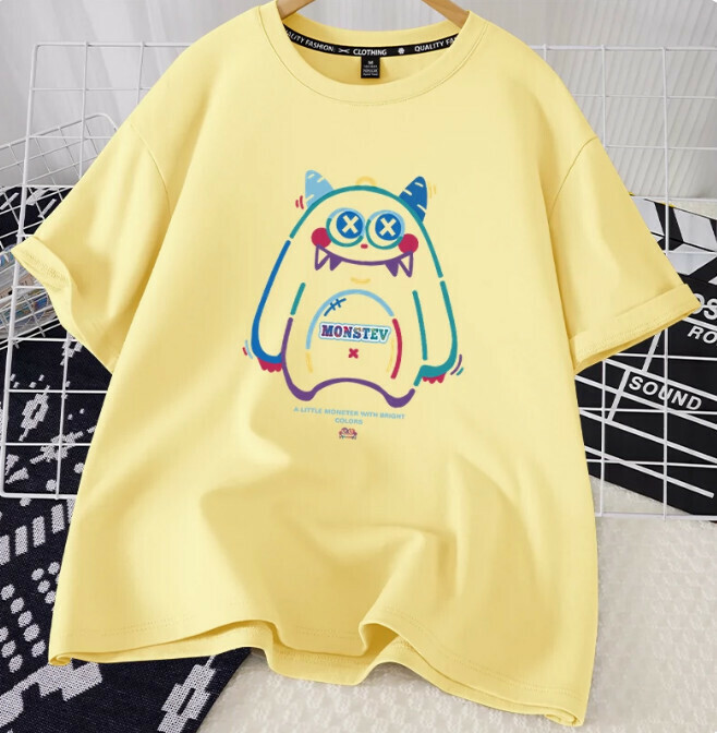 Casual loose short-sleeved T-shirt (cream yellow cute little monster S-2XL size) (contact customer service to confirm the shipping size after placing an order)】