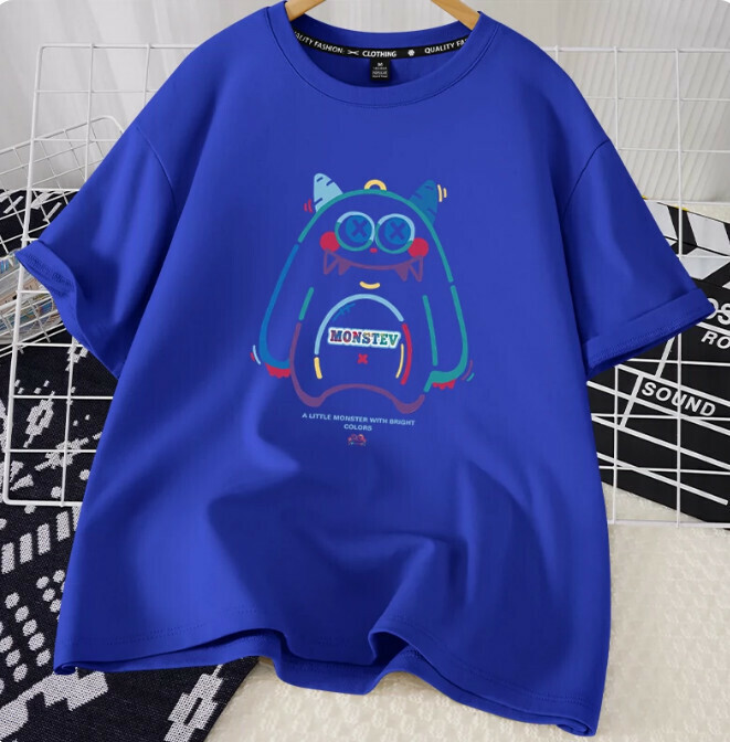 Casual loose short-sleeved T-shirt (royal blue cute little monster S-2XL size) (contact customer service to confirm the shipping size after placing an order)】