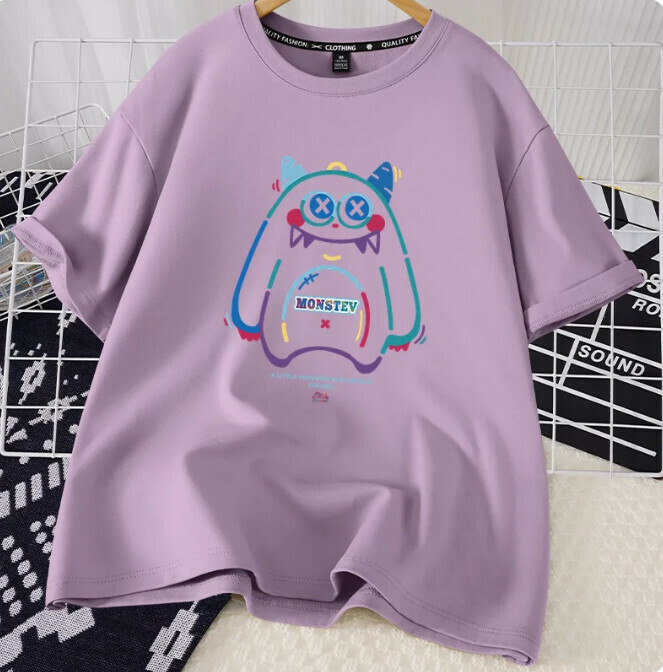 Casual loose short-sleeved T-shirt (taro purple cute little monster S-2XL size) (contact customer service to confirm the shipping size after placing an order)】