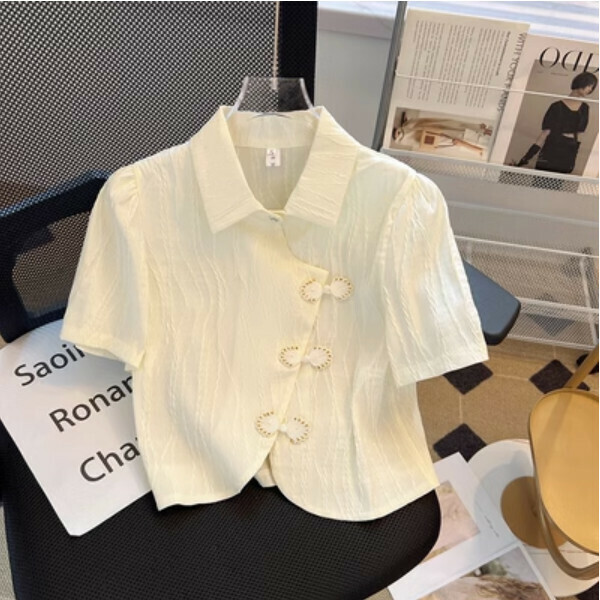 Buckle polo neck chiffon shirt (off-white) (size: S/M/L/XL) (contact customer service to confirm the size after placing an order)】