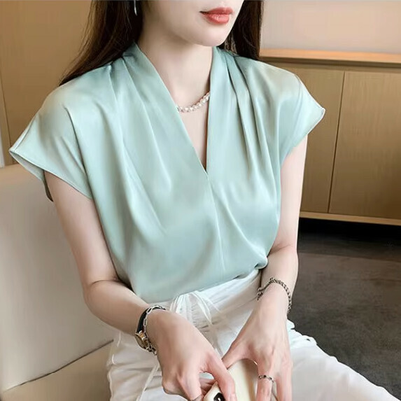 Premium V-neck short-sleeved shirt women's summer (green [size S_XL] (contact customer service to confirm the shipping size after placing an order) 】