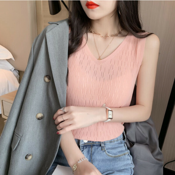 V-Neck Ice Silk Knit Camisole (Pink) (One size, recommended weight 85-130 pounds)】