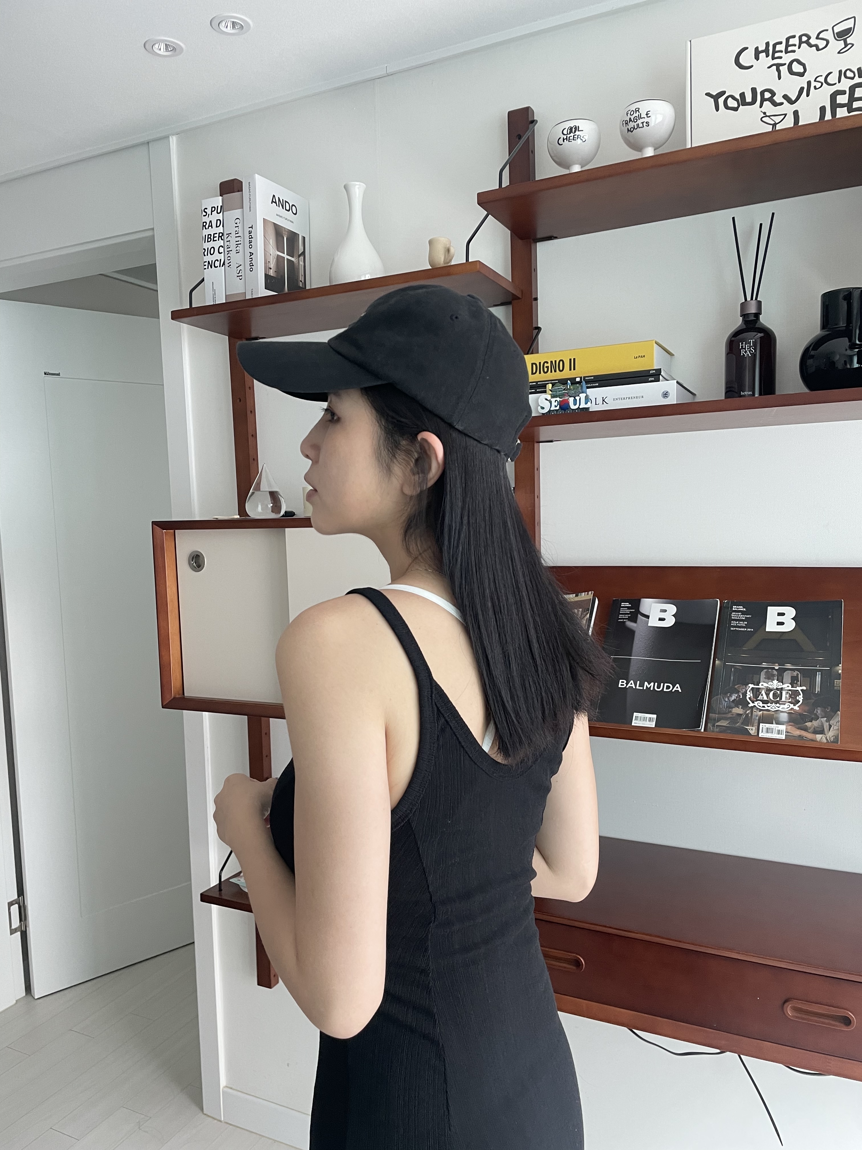 (訂購)  小個子必買!暗直紋V領開叉背心長裙 OPS0701 (黑)