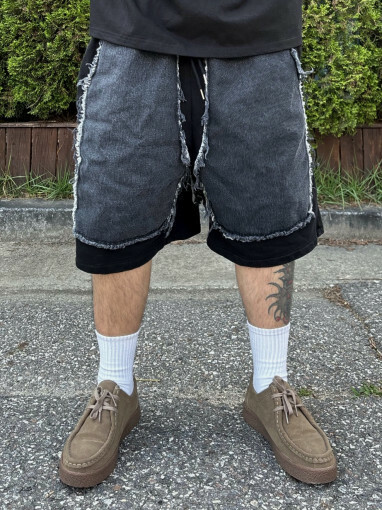 伐木配色牛仔補丁寬大短褲