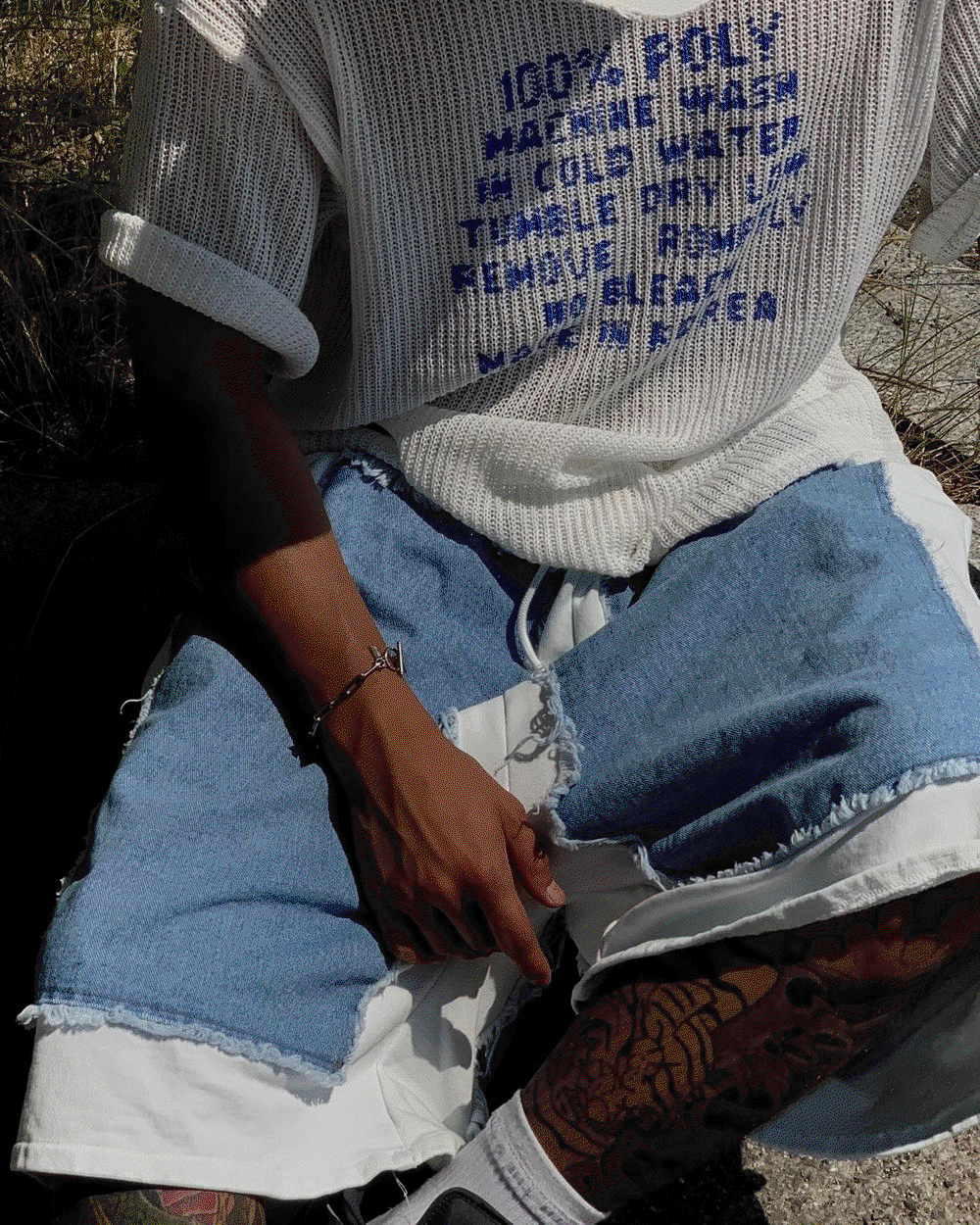 伐木配色牛仔補丁寬大短褲