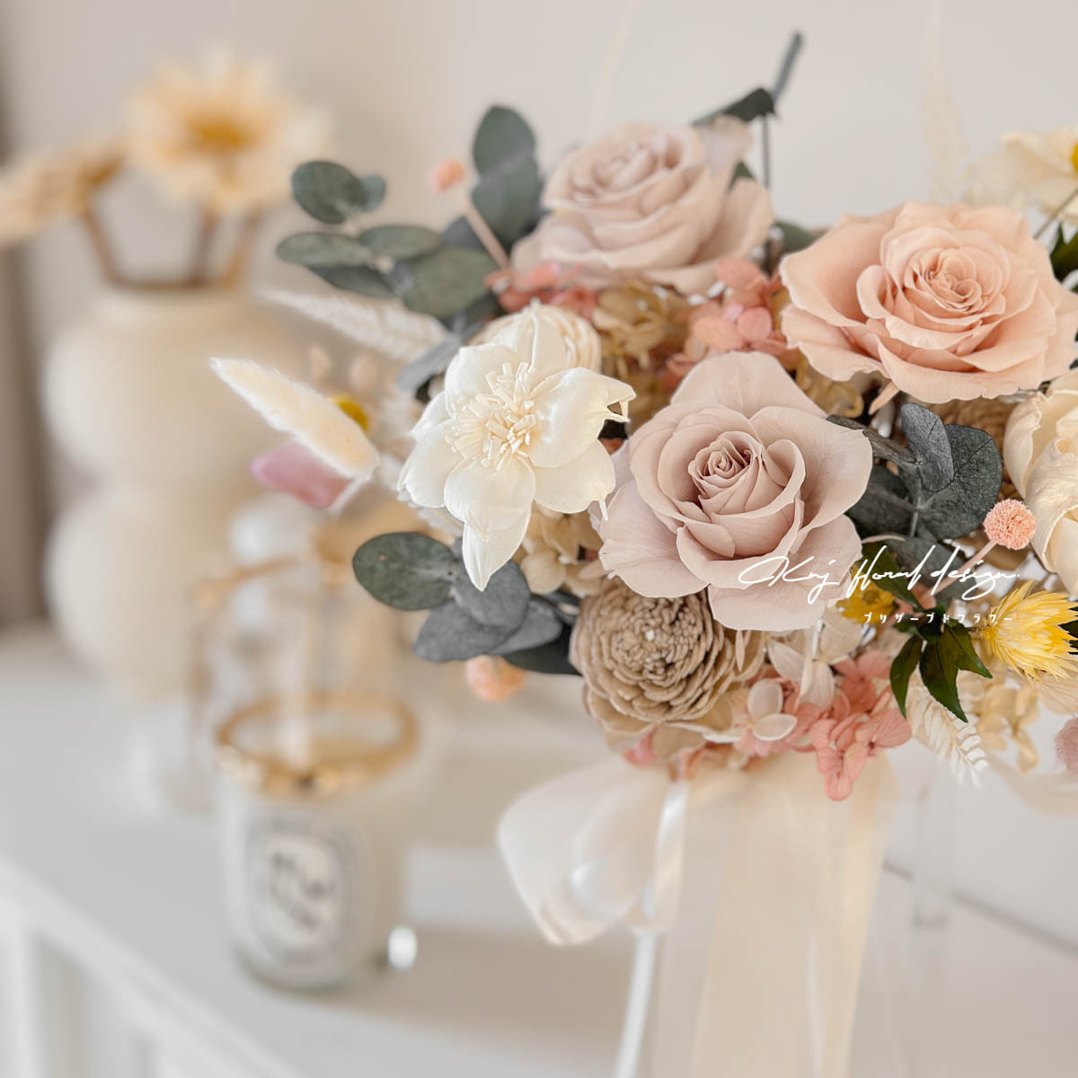 乾燥玫瑰色永生手捧花－M號