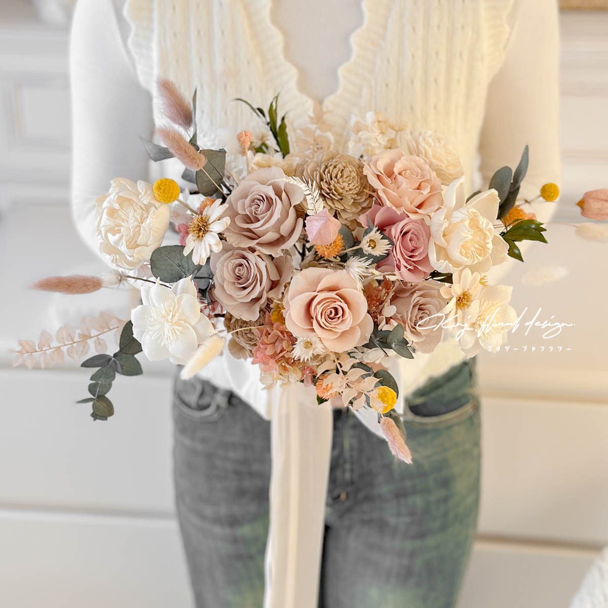 乾燥玫瑰色永生手捧花－L號