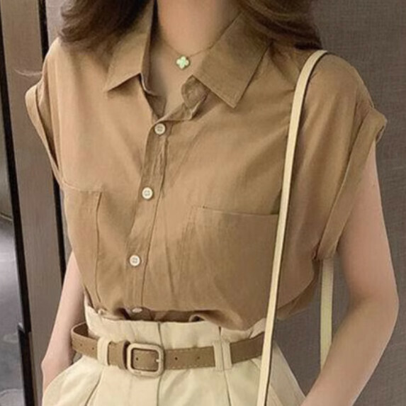 Chiffon Shirt Women's Short Sleeve Summer (Khaki [M_2XL size] (contact customer service to confirm the shipping size after placing an order)】
