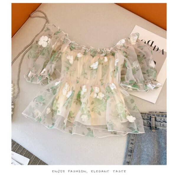 Floral short chiffon shirt (green) (size: S/M/L/XL) (contact customer service to confirm size after placing an order)】