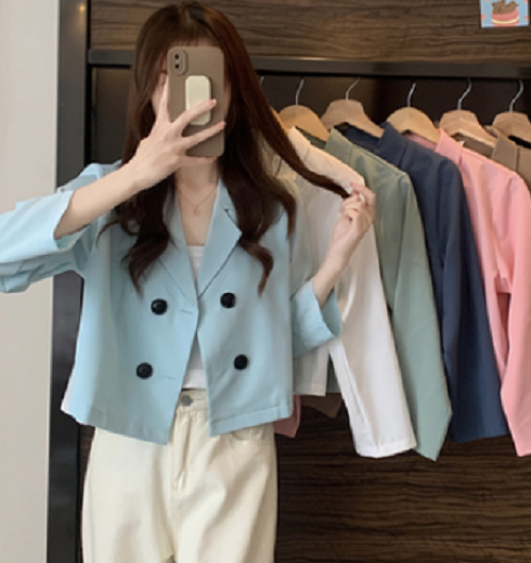 Loose casual cropped blazer (blue) (size: one size)】