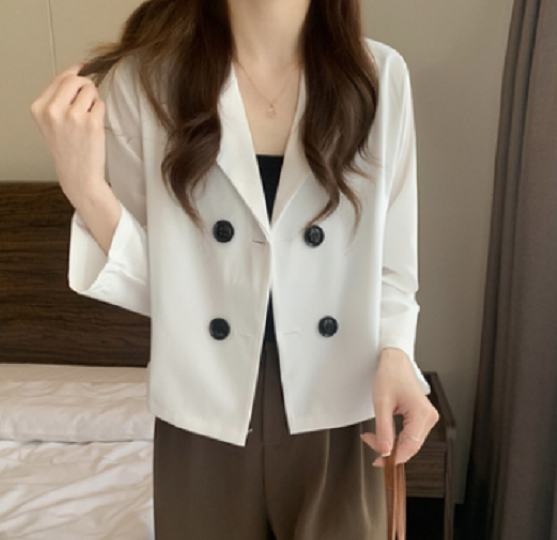 Loose casual cropped blazer (white) (size: one size)】