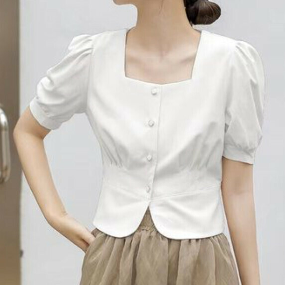 Waist Short Professional Shirt Women's Short Sleeve Summer (White [S_XL Size] (Contact Customer Service to Confirm Shipping Size after placing an order)】