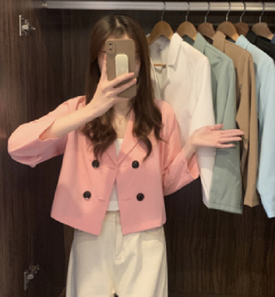 Loose casual cropped blazer (pink) (size: one size)】
