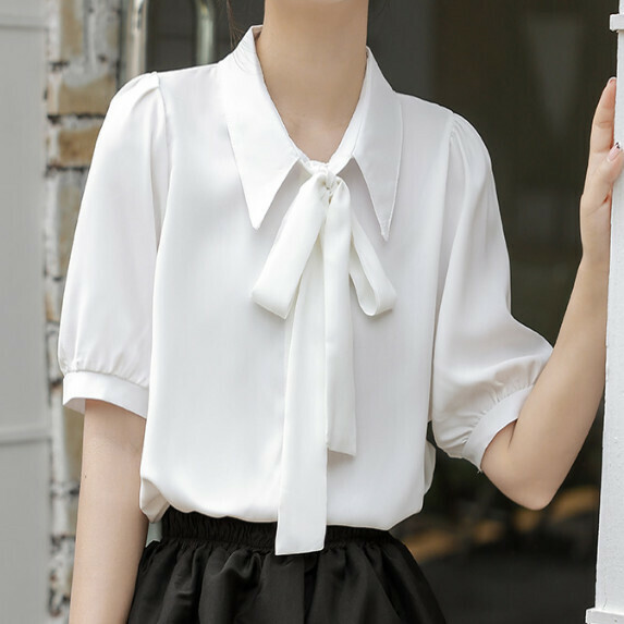 Temperament bow shirt short sleeve summer (white [size S_XL] (contact customer service to confirm the shipping size after placing an order)]