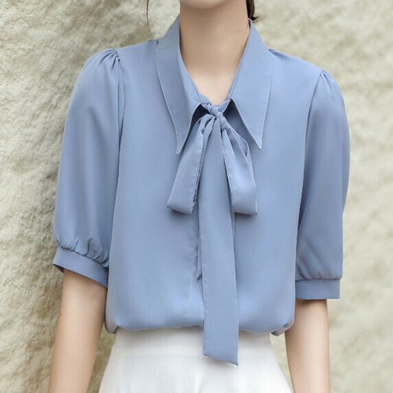 Temperament bow shirt short sleeve summer (blue [size S_XL] (contact customer service to confirm the shipping size after placing an order)】