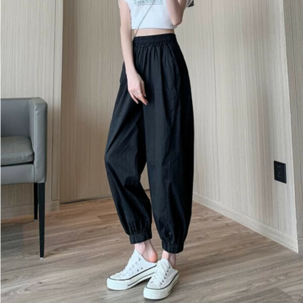 新款高腰哈倫束腳九分褲（黑色）（碼數：S/M/L/XL/2XL)(下單後聯絡客服確認尺碼）】
