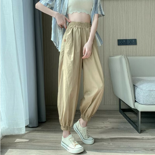 新款高腰哈倫束腳九分褲（卡其色）（碼數：S/M/L/XL/2XL)(下單後聯絡客服確認尺碼）】