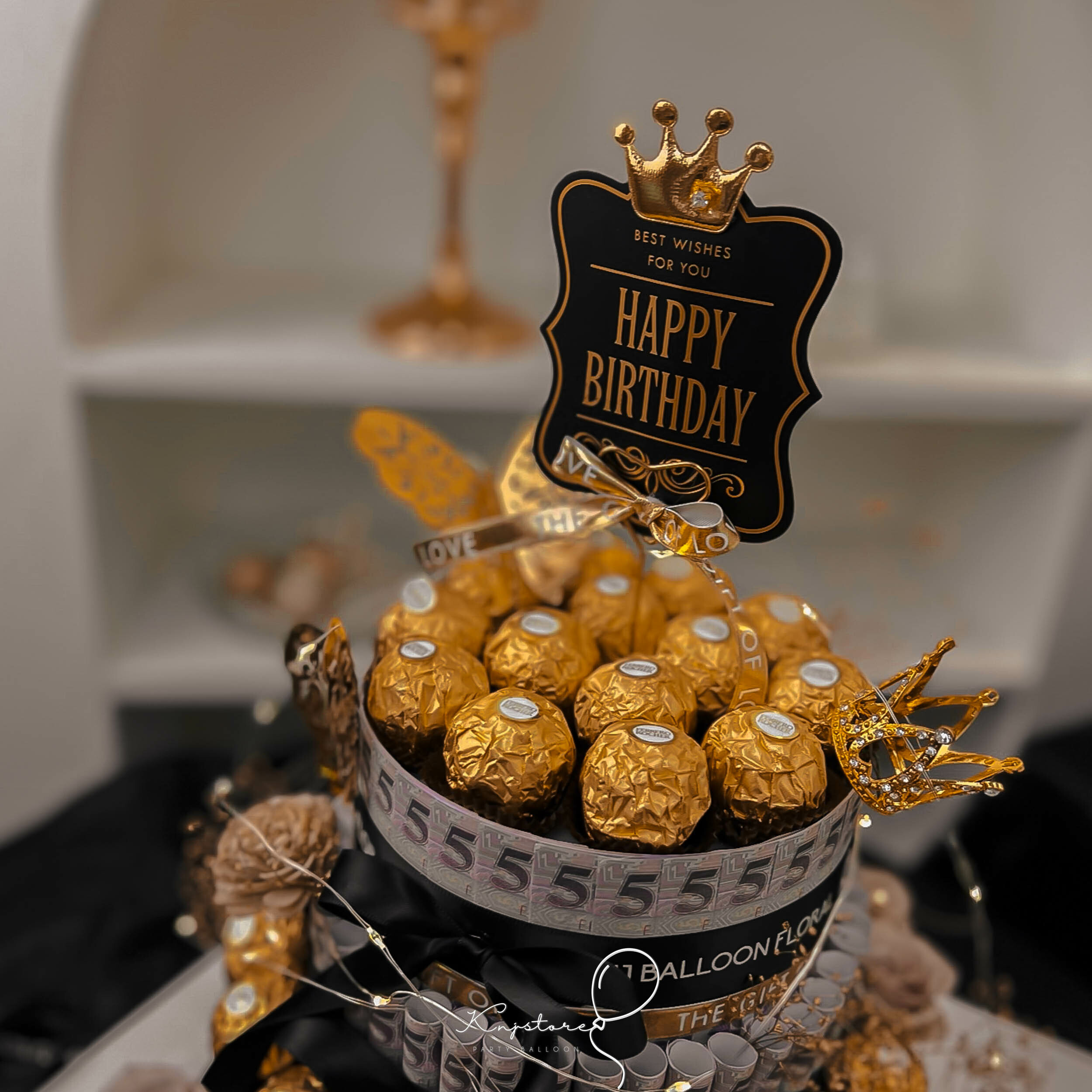 奢華黑金．金莎鈔票永生花蛋糕