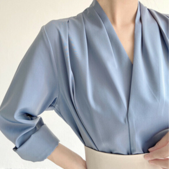 French V-neck professional shirt women's long-sleeved spring and autumn (blue [size S_L] (contact customer service to confirm the shipping size after placing an order)】