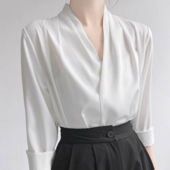 French V-Neck Professional Shirt Women's Long Sleeve Spring and Autumn (White [S_L size] (contact customer service to confirm the shipping size after placing an order)】