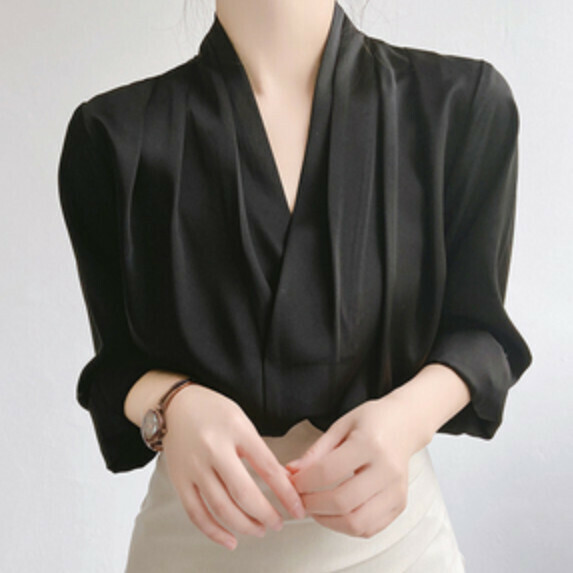 French V-Neck Professional Shirt Women's Long Sleeve Spring and Autumn (Black [S_L size] (contact customer service to confirm the shipping size after placing an order)】