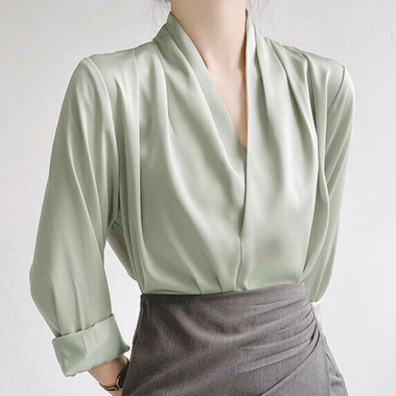 French V-Neck Professional Shirt Women's Long Sleeve Spring and Autumn (Green [S_L size] (contact customer service to confirm the shipping size after placing an order)】