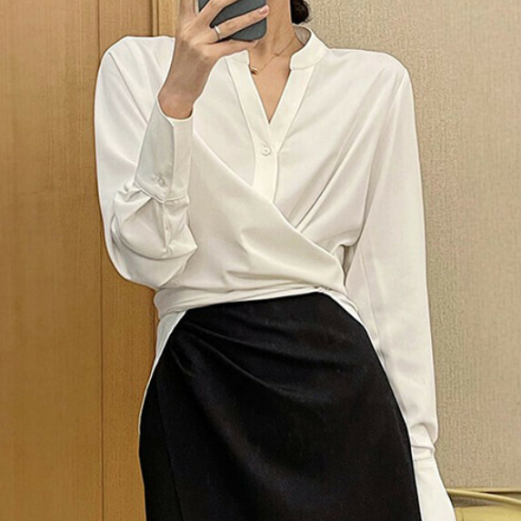 Waist V-neck long-sleeved shirt women's spring and autumn (white [size S_XL] (contact customer service to confirm the shipping size after placing an order)】
