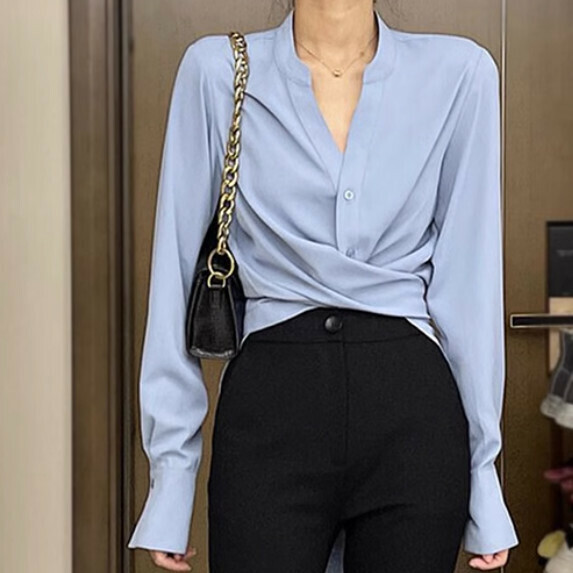 Waist V-neck long-sleeved shirt women's spring and autumn (blue [size S_XL] (contact customer service to confirm the shipping size after placing an order)】