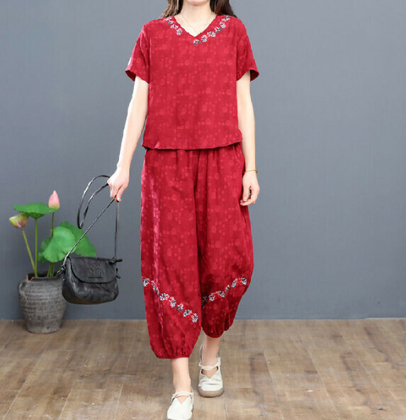 Ethnic Style Retro Casual Set [Red] (Size: L-4XL) (Contact customer service to confirm the shipping size after placing an order)】