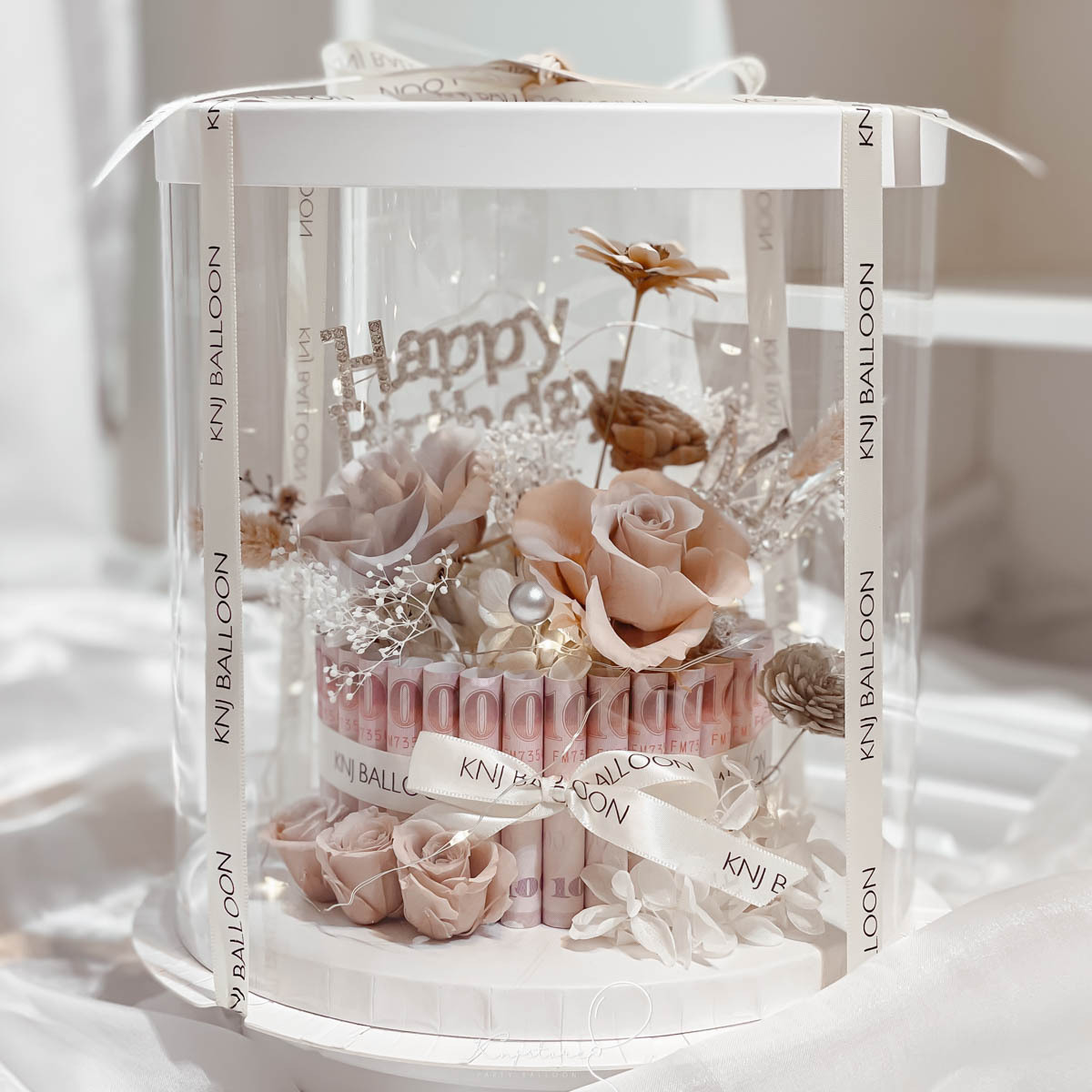 粉褐莊園．單層錢錢永生花蛋糕