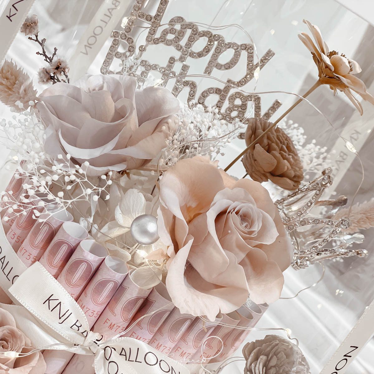 粉褐莊園．單層錢錢永生花蛋糕