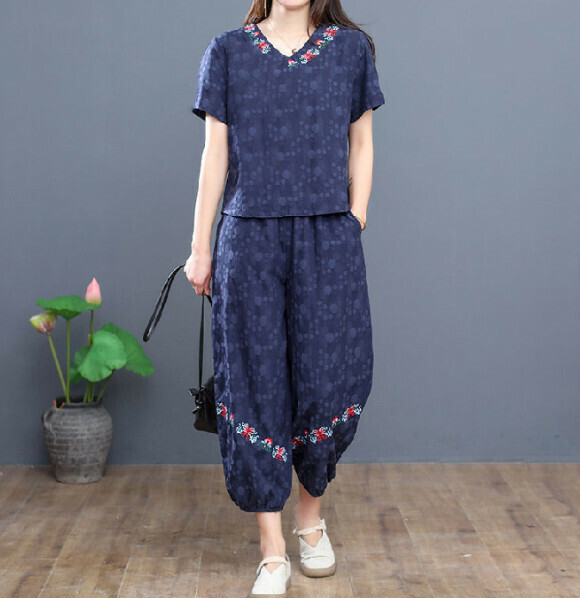 Ethnic style retro casual suit [navy blue] (size: L-4XL) (contact customer service to confirm the shipping size after placing an order)】
